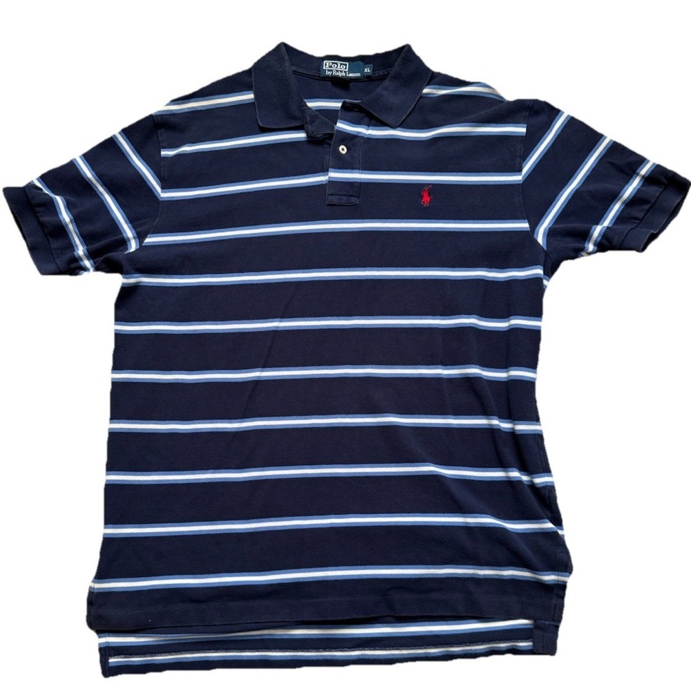 Ralph Lauren Polo Shirt Mens Large Blue‎ Striped Short Sleeve Red Pony Golf
